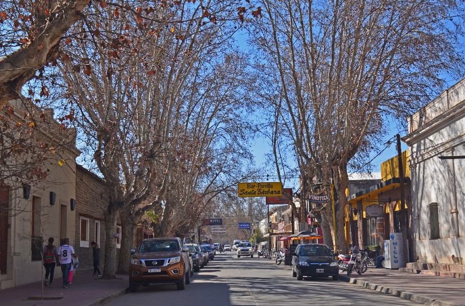 In the heart of Cafayate, this picturesque street comes to life with its vibrant ambiance. Lined with tall trees that offer a refreshing shade, the road welcomes pedestrians strolling leisurely along its sidewalks. Parked cars dot the sides, adding a touch of urban charm to the scene. Quaint houses, adorned with colorful facades, stand proudly, exuding the town's character and history. The bustling center showcases the vibrant energy of Cafayate, where locals and visitors alike immerse themselves in the rich culture and charm of this enchanting town.