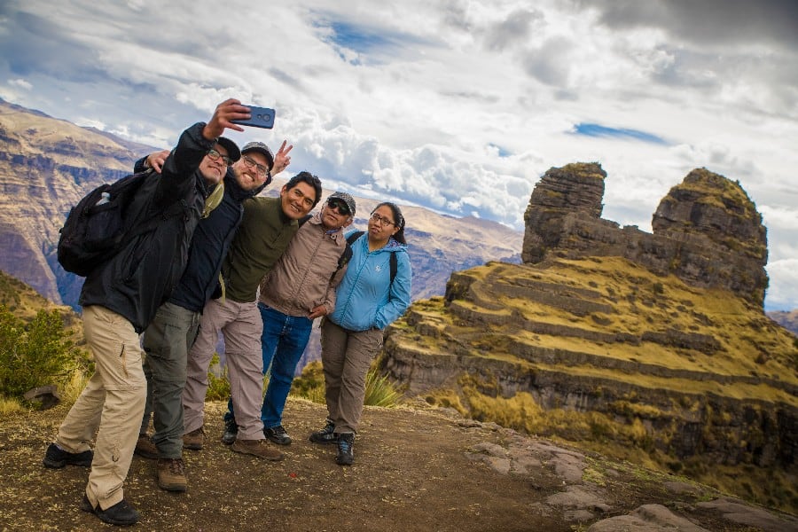 group selfie infront Hidden Gem of the Andes, Waqra Pukara