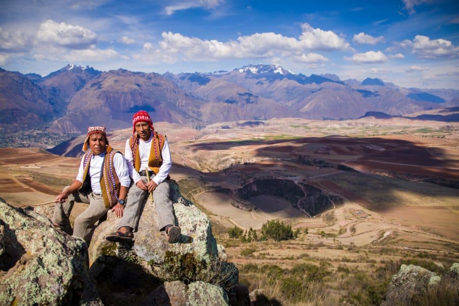 Guides and a stunning view of Mountains at the horizon, Ancient Inca-lab with Andean fingerfood and lunch