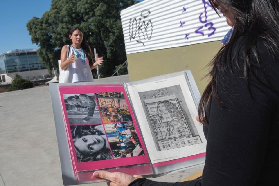 explaining art of female artists during the feminist walking tour in Buenos Aires