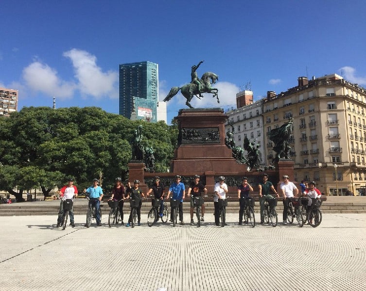 Bike Group in front of the Statue of General San Martin at the Grand San Martin Plaza before the Buenos Aires Bike tour