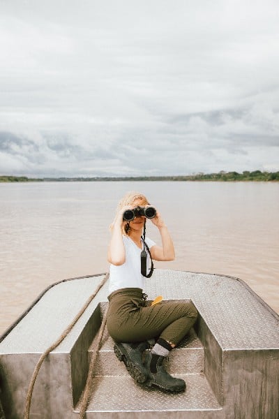 small guided adventurous excursion on a small boat for bird watching or getting to see other animals, on the Amazon Aria Cruise