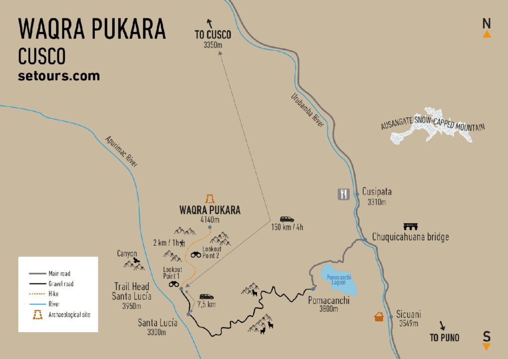 Map depicting the location of the archaeological site of Waqra Pukara