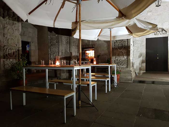 Tables of La Benita de los Claustros in the inner courtyard of La Compania Church in Arequipa