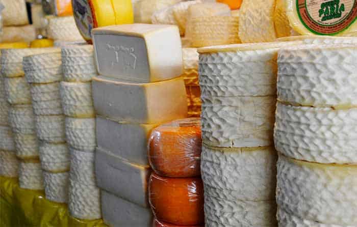 Different cheese sorts at San Camilo Market in Arequipa