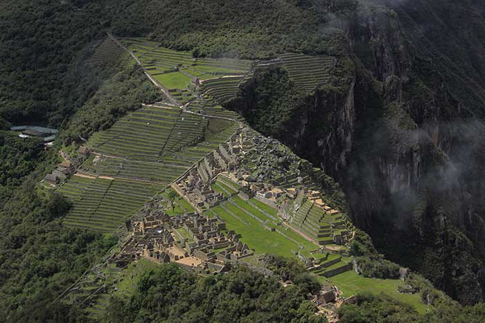 The green Machu Picchu citadel viewed from Wayna Picchu