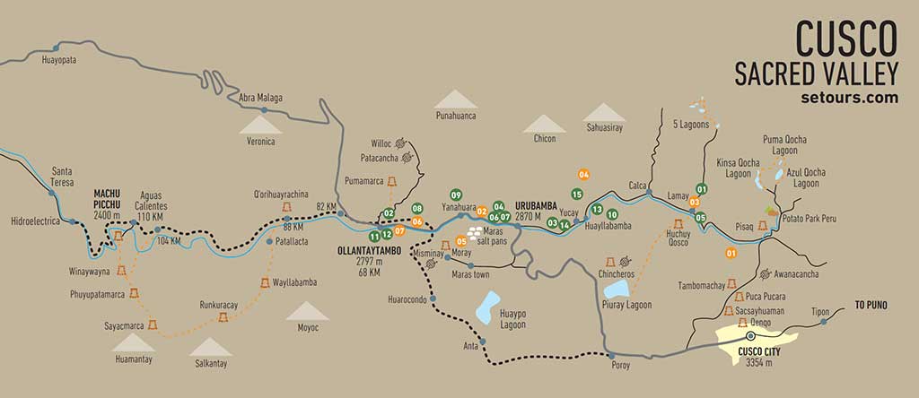 Map depicting the location of Cusco, Ollanta and Machu Picchu