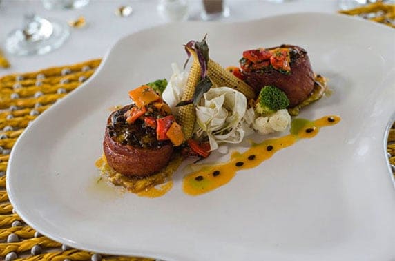 Dish beautifully arranged prepared with local produce and displaying the colors of the Amazon