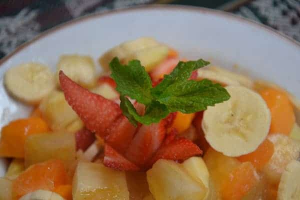 Fruit salad served at breakfast for guests doing glamping in the Sacred Valley