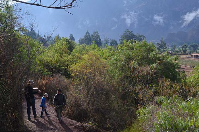 Father & son with guide walking along paths in Inkaterra Urubamba for birdwatching