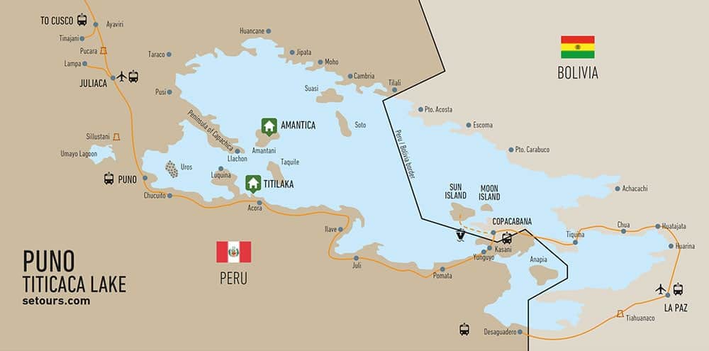Map of Lake Titicaca showing the Peruvian and the Bolivian part as well as the towns on its shores and main islands