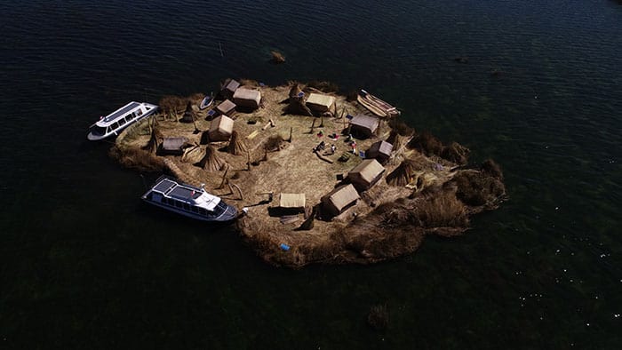 Lake Titicaca & Puno - one of the man-made Uros floating islands (from the air)