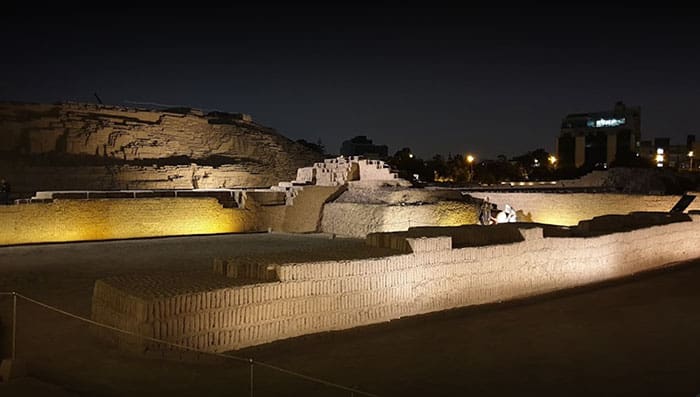 Illuminated pre-Inca pyramid Huaca Pucllana in Miraflores, Lima (viewed from the restaurant's terrace)