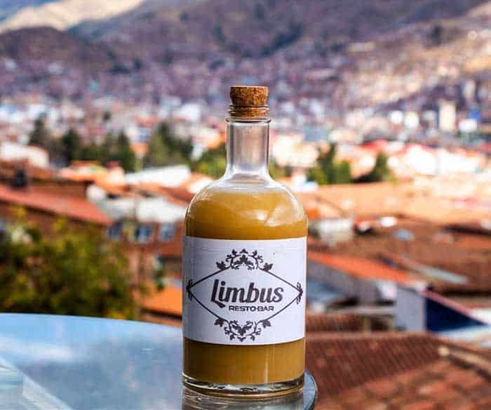 Bottle with cocktail at Limbus Restobar in San Blas, Cusco