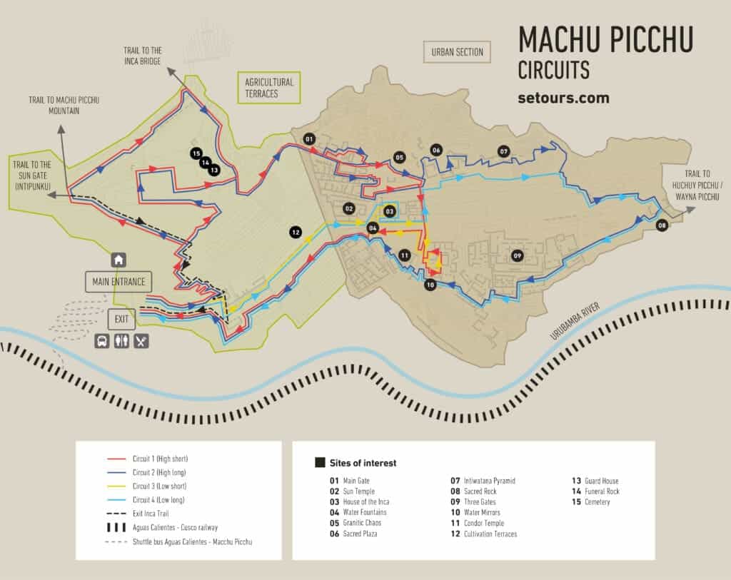 Machu Picchu - map of the citadel with the given visiting routes