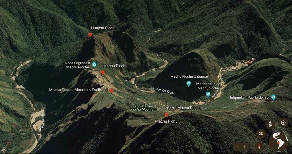 Map showing the location of Machu Picchu Mountain & Wayna Picchu