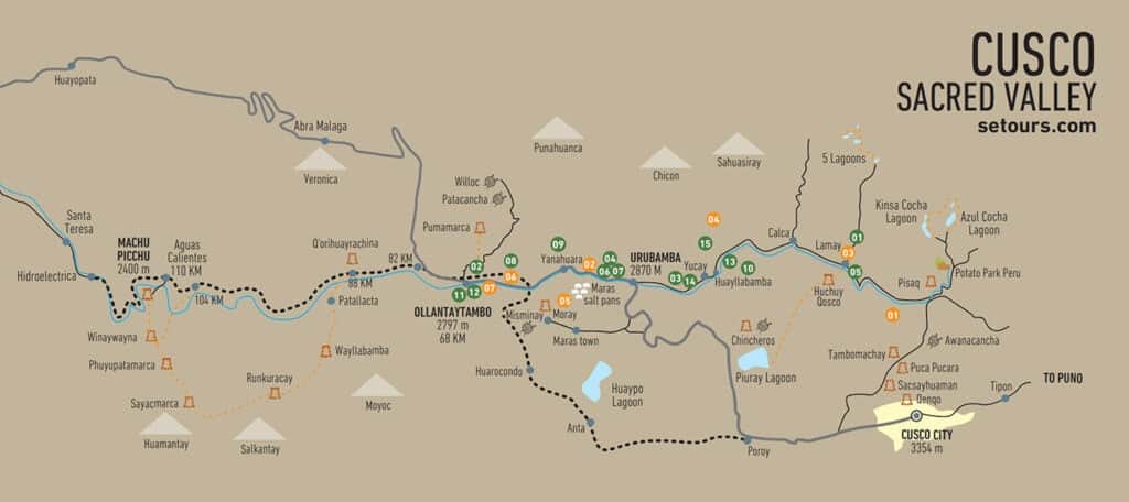 Map of the points of interest in the Sacred Valley, Cusco, Inca Trail and Machu Picchu