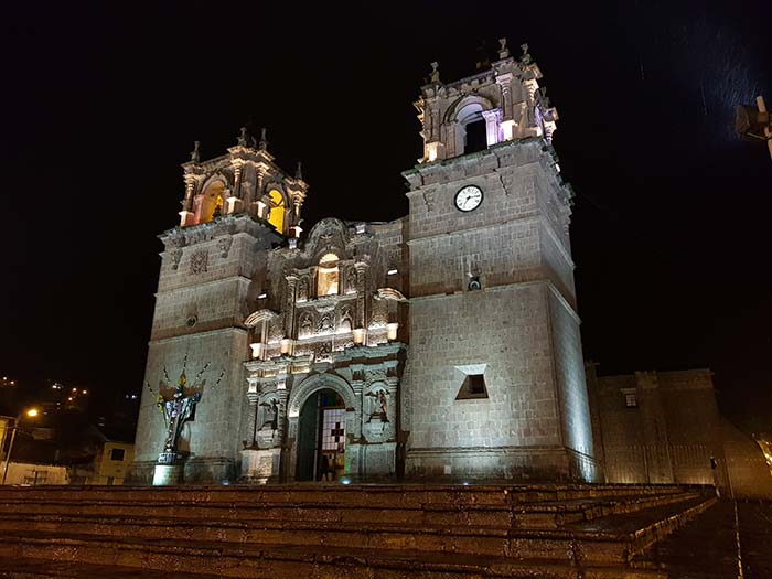 Illuminated Andean Baroque style cathedral in Puno