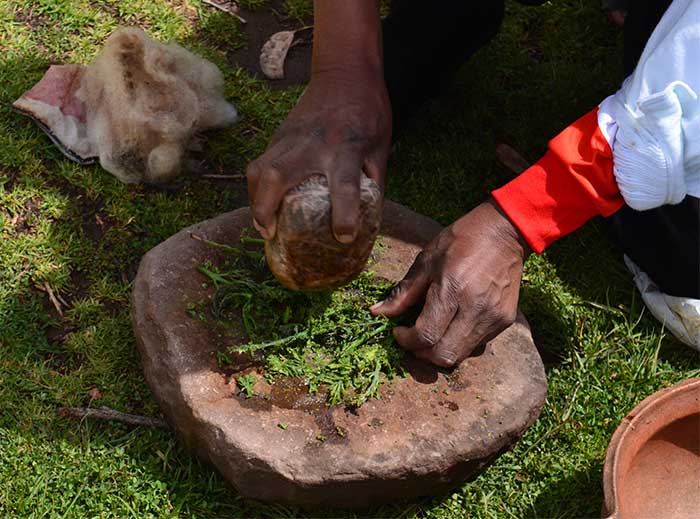 Lake Titicaca & Puno - Grinding herbs with a stone mortar to get natural dyes on Taquile Island