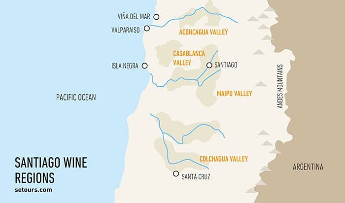 Map depicting Santiago de Chile, the wine valleys close to it, Valparaiso port and Vina del Mar