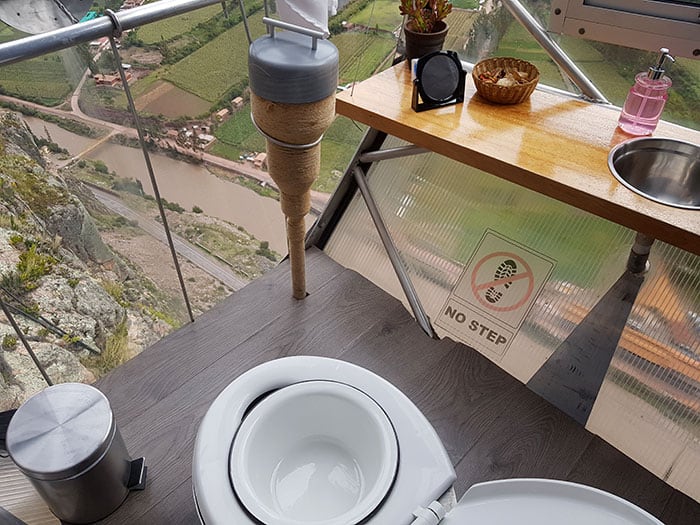 Bathroom at one of the pods of Skylodge Peru overlooking the Sacred Valley