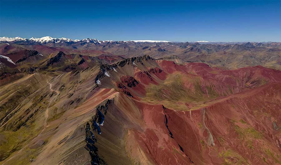 Aerial view of the Red Valley and the trail leading to it 