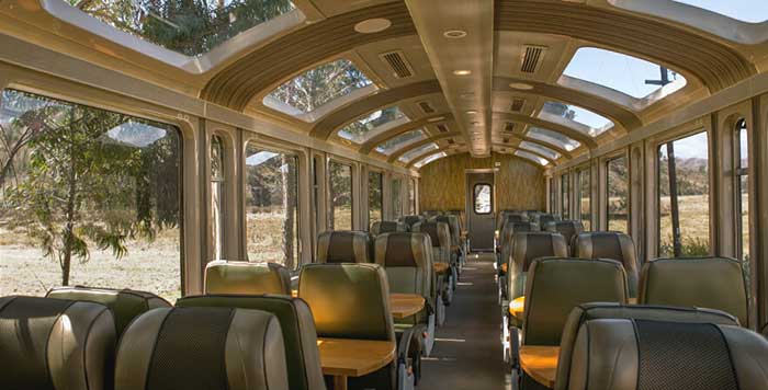 Interior of Vistadome train (PeruRail) with panoramic windows, operating the route Ollanta - Machu Picchu - Ollanta 