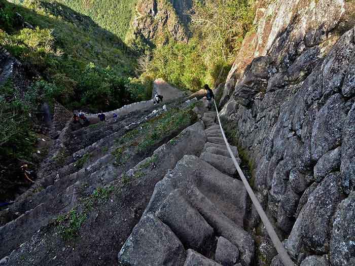 Narrow section of the path up to the top of Wayna Picchu Mountain