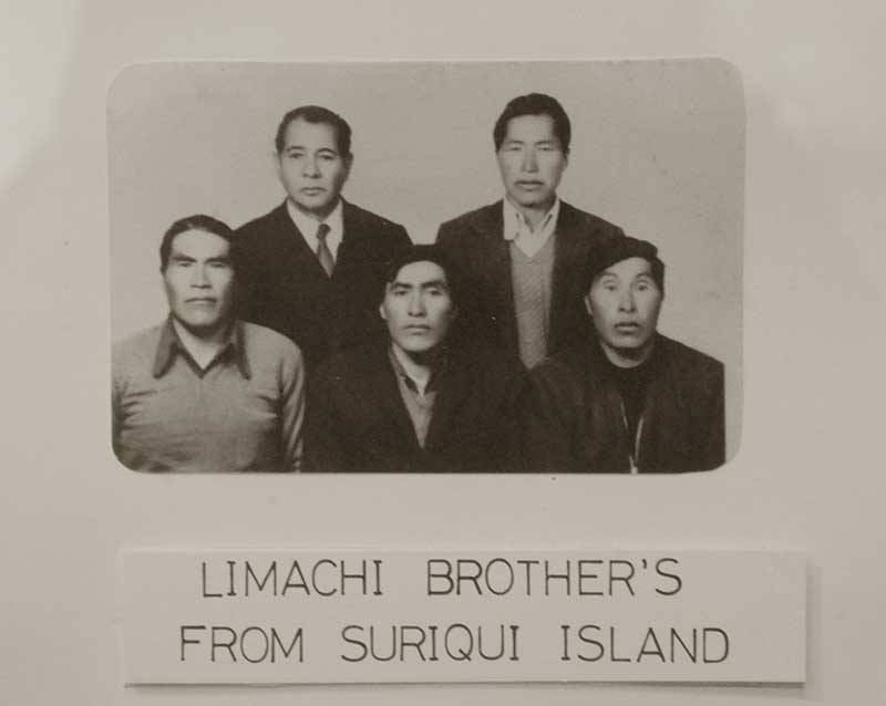 Black and white picture featuring 5 brothers, the Limachis, builders of reed expedition embarkations