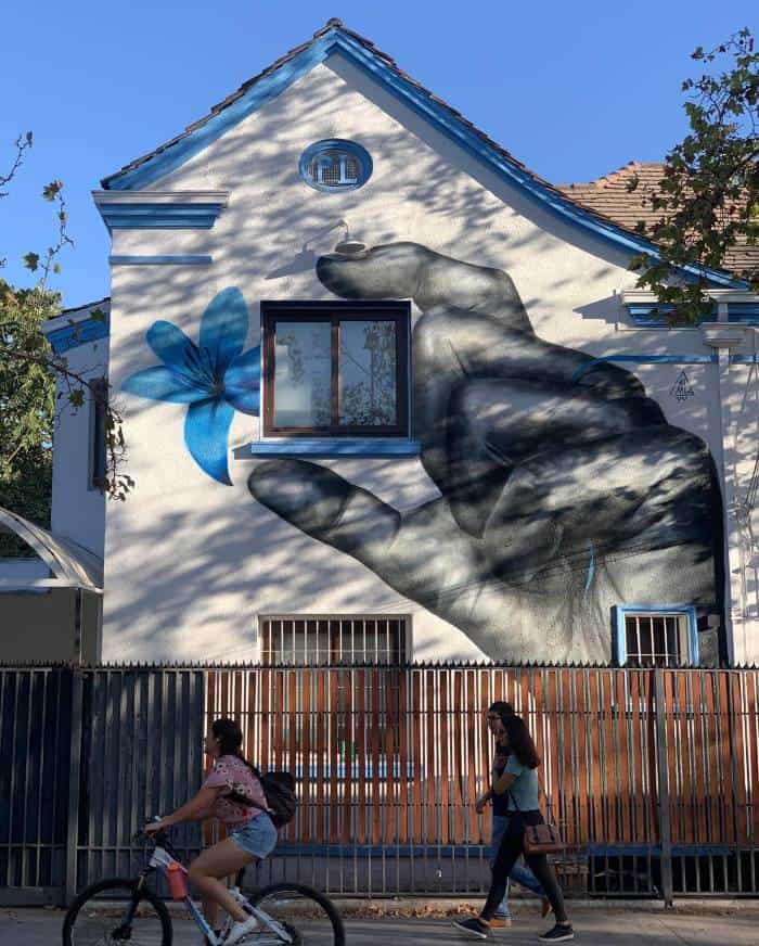 2-story house in Barrio Italia, Santiago de Chile with a graffiti on the facade featuring a flower and a window