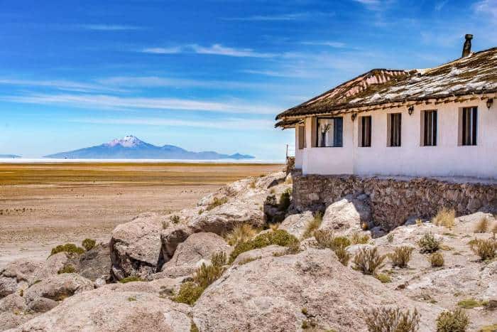 Part of the hotel Luna Salada in Colchani Uyuni pverlooking a volcano and the Uyuni salt flats