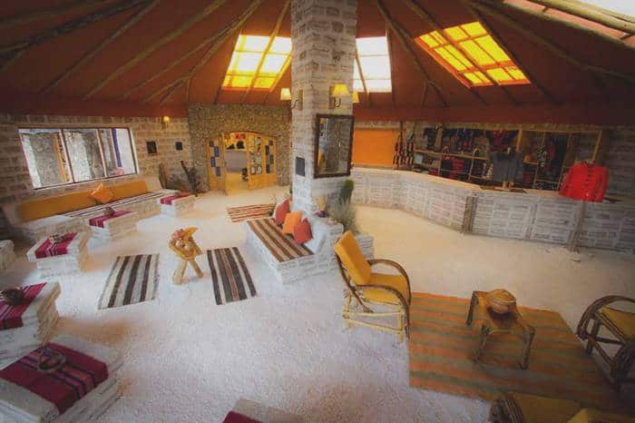 Reception and living room at the salt hotel Luna Salada on the shores of the Uyuni salt flats