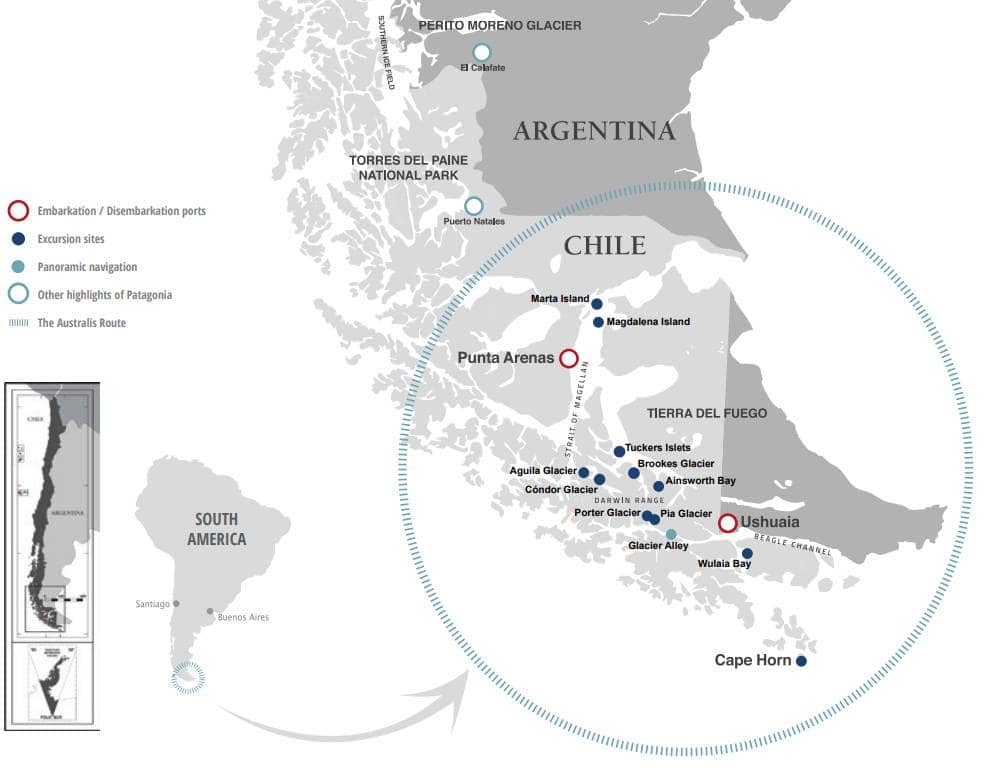 Map depicting Tierra del Fuego as a region part Chilean, part Argentine, with two main embarkation points for Patagonian cruises: Punta Arenas and Cape Horn, the southernmost point of South America