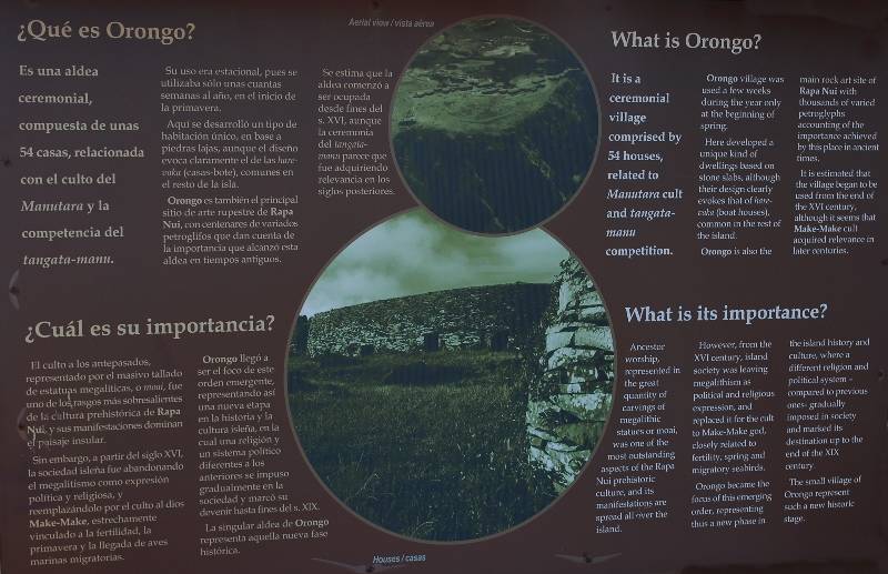 A terracota board featuring 2 black and white picture and explanations in Spanish/English about Orongo ceremonial site on Easter Island