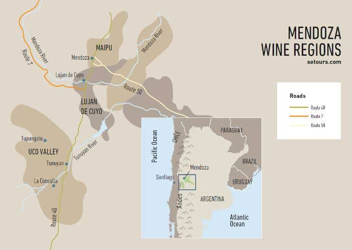 Map depicting Mendoza wine regions. A second one underneath shows the location of Mendoza in the central west psrt of Argentina