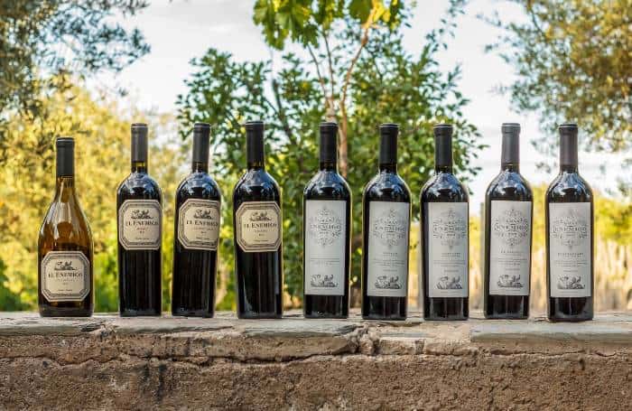 Nine wine bottles of red and white wine placed on a mud-bricl wall having trees as backdrop