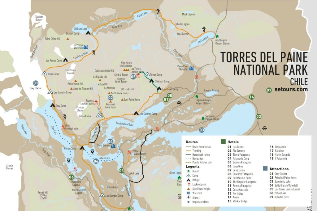 Map of Torres del Paine National Park Chilean Patagonia
