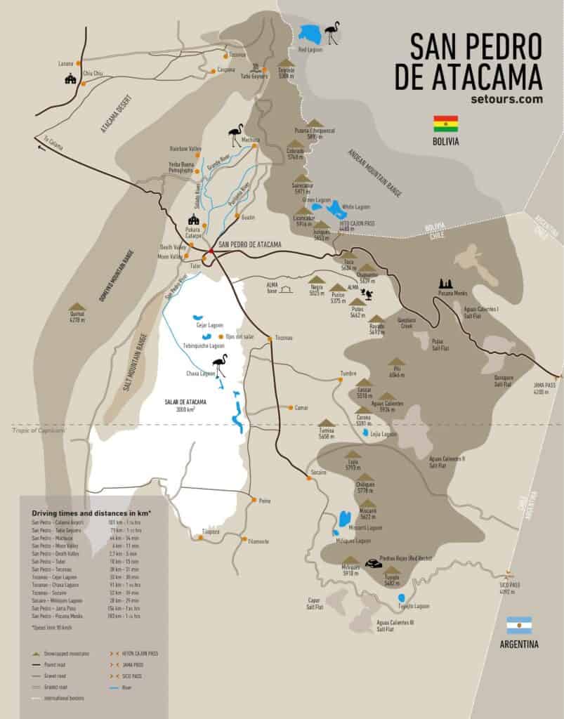 Map of San Pedro de Atacama and its surrounding outdoor attractions as well as the borders with Chile and Argentina