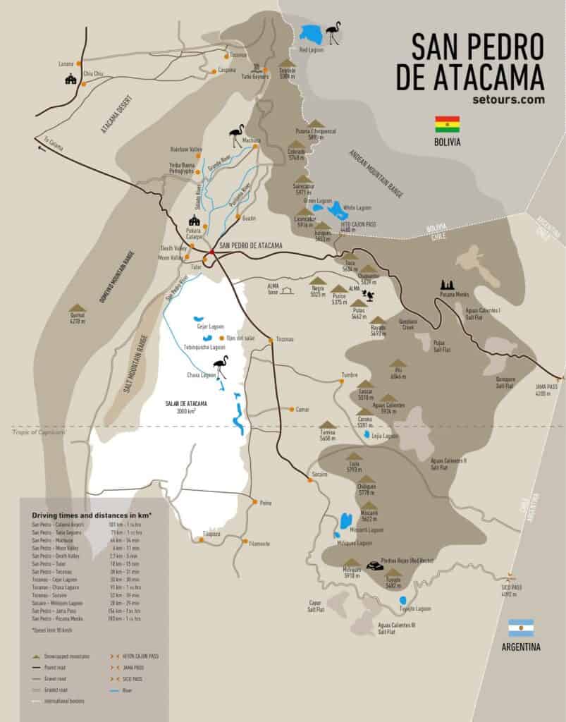 Karte von San Pedro de Atacama's nahe liegenden Sehenswürdigkeiten und Grenzen mit Bolivien und Argentinien.