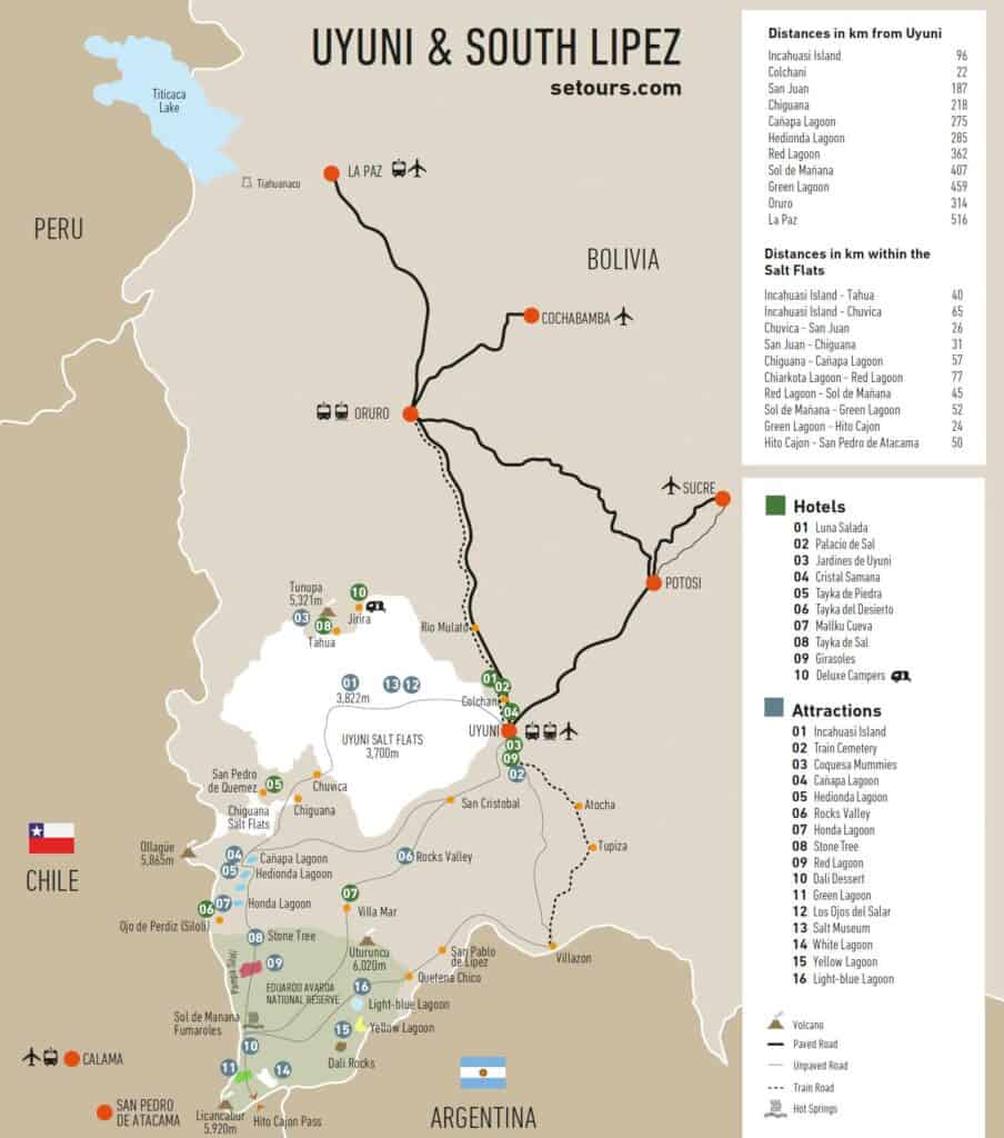 Karte, die die Lage der Uyuni-Salzwüste, Hotels und Attraktionen des Eduardo Avaroa Nationalparks in Bolivien zeigt. 