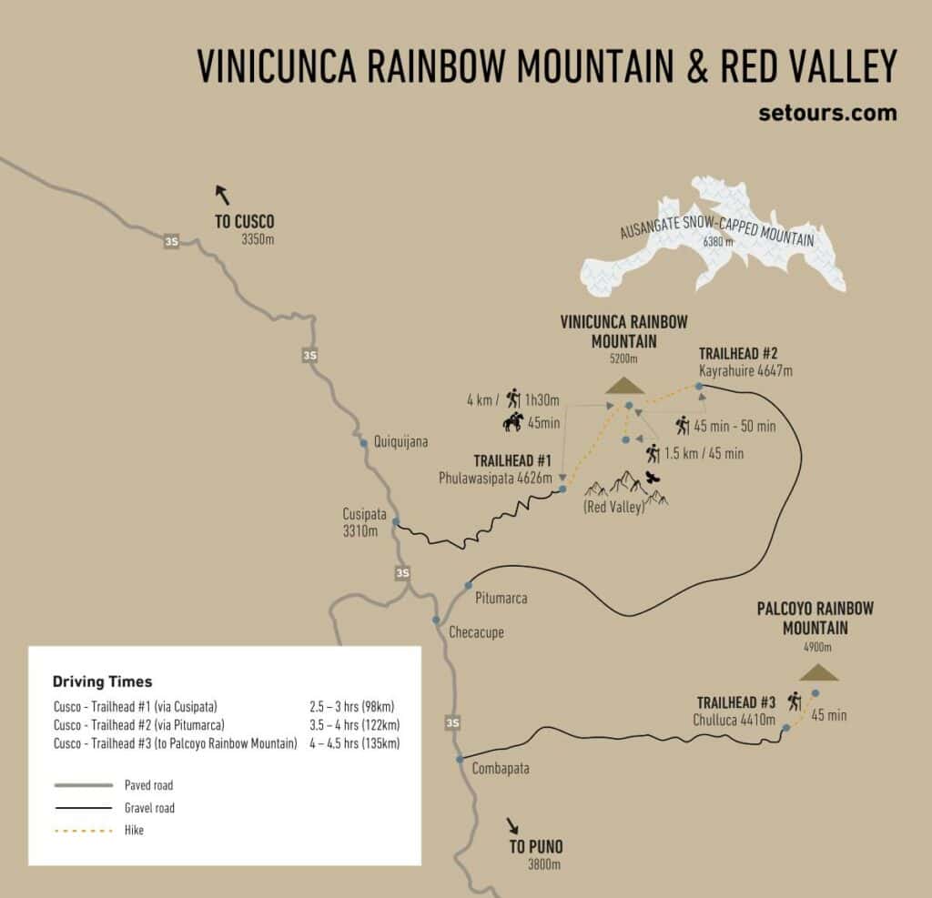 Setours map depicting the location of Vinicunca Rainbow mountain and the Red Valley, as well as the roads to access it via Cusipata and Pitumarca. It additionally features the location of Palcoyo Rainbow Mountain. Furher you find the driving times and hike duration for each hike.
