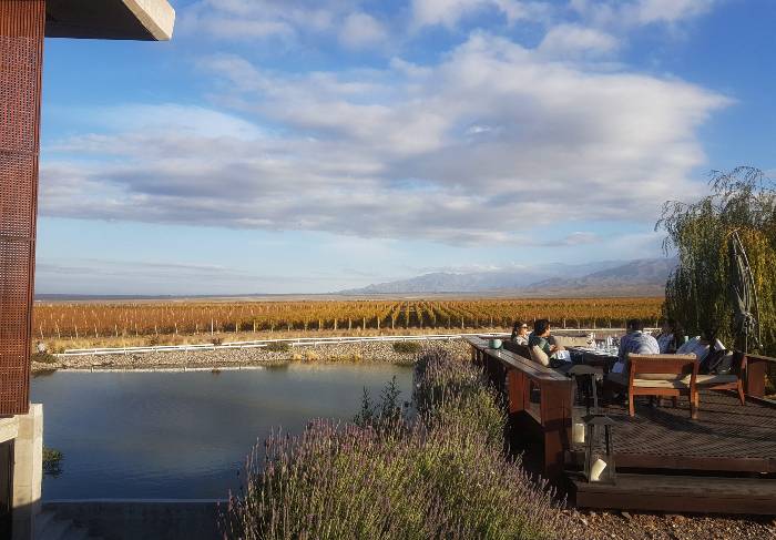 five hotel guests sitting on an outdoor terrace having vines and mountains in the background