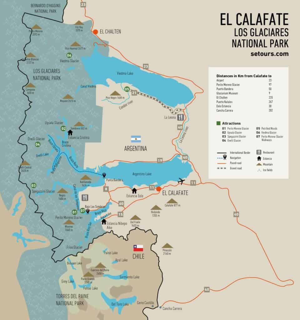 A map with light blue areas depicting the glaciers of El Calafate and El Chalten tourist destinations in Argentina. The map shows the roads linking both and the lakes formed by the glaciers
