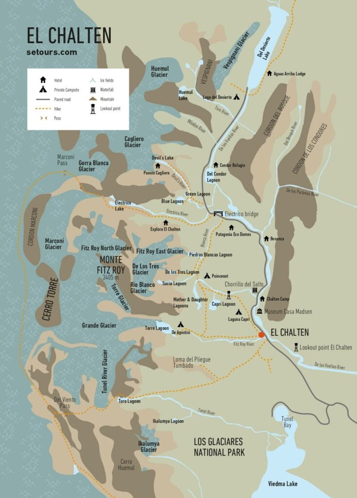 A map depicting glaciers, rivers, lagoons, hiking trails and the location of El Chalten town (in Argentine Patagonia)
