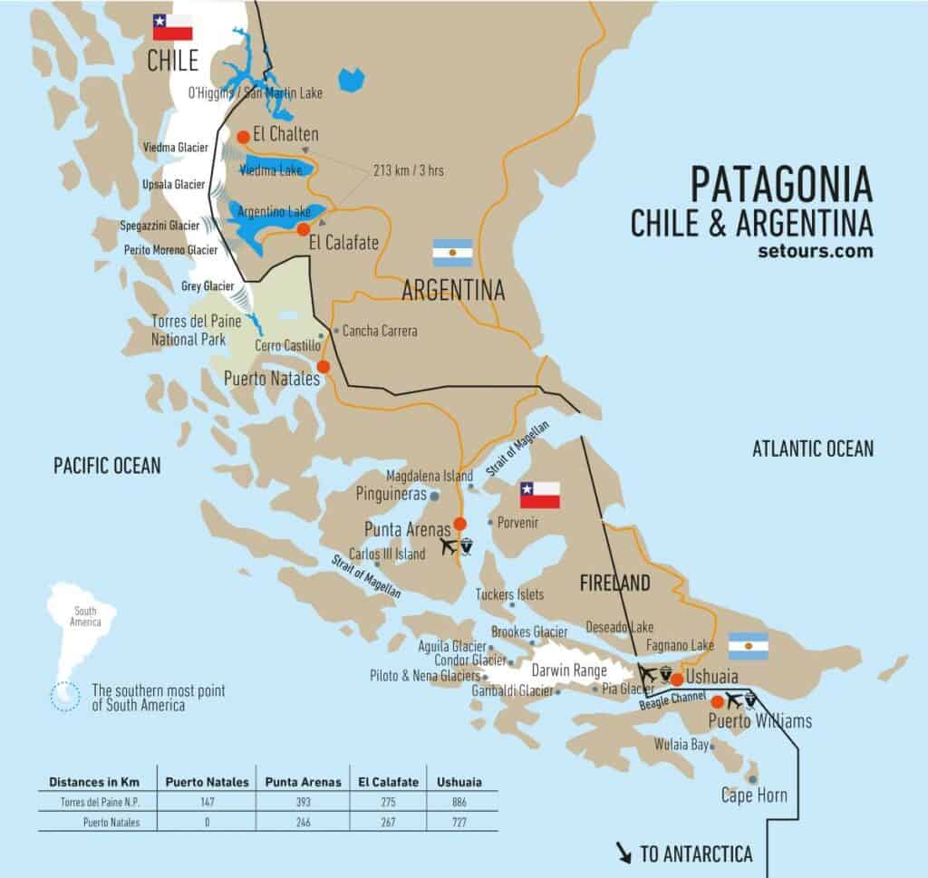 Karte, die die wichtigsten Höhepunkte von chilenischen und argentinischen Patagonien in Südamerika darstellt. Sie sehen auch den Pazifik und den Atlantik sowie die Feuerland- oder Tierra-del-Fuego-Region.