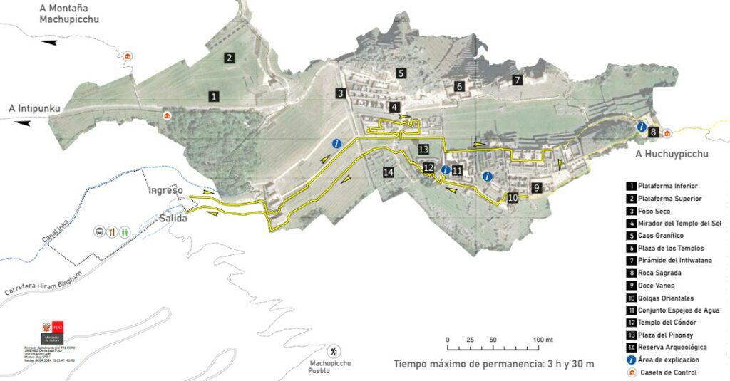 Karte der Machu Picchu Zitadelle mit einer gelben Linie, die dem Rundgang 3 Route 3-D nach Huchuy Picchu zeigt
