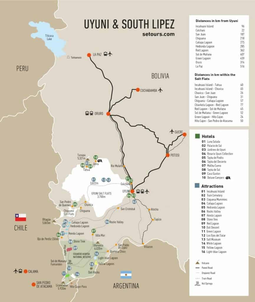 Map depicting the location of attractions, hotels in Uyuni and Eduardo Avaroa National Park, the Uyuni salt flats, as well as the Bolivian borders with Argentina and Chile.